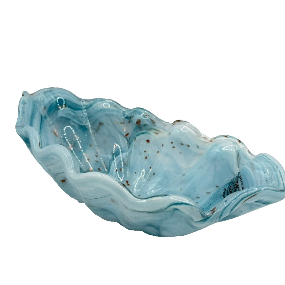 Murano Style Art Deco Clam Shell Bowl 11” Made In Italy Teal Blue /Gold Swirl